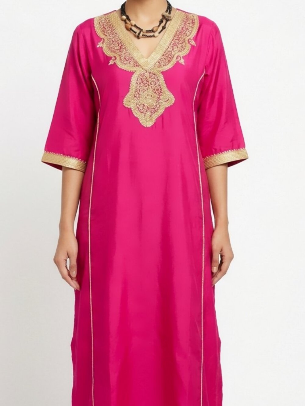 raspberry moroccan caftan w/ gold embroidery